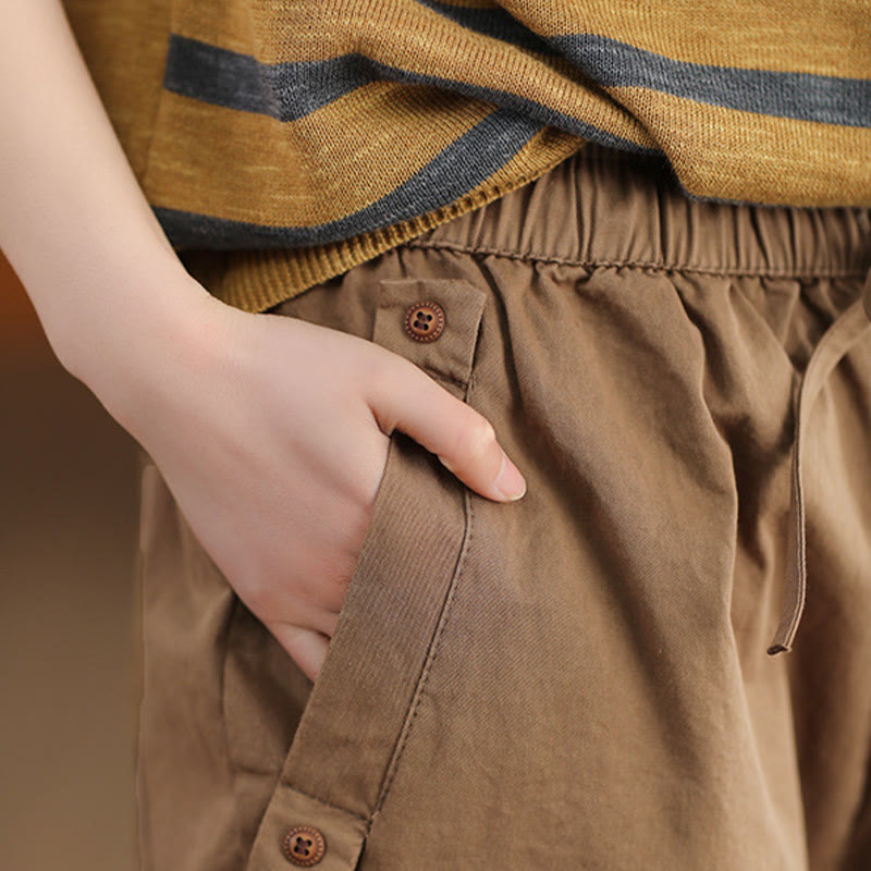 Buddha Stones Casual Plain Patched Cuff Design Women's Cotton Harem Cropped Pants With Pockets - image 3