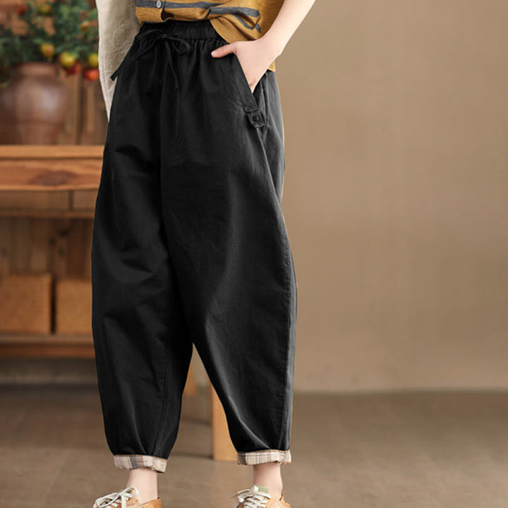 Buddha Stones Casual Plain Patched Cuff Design Women's Cotton Harem Cropped Pants With Pockets - Black - US8-10，UK/AU12-14，EU40-42 (2XL) - image 9