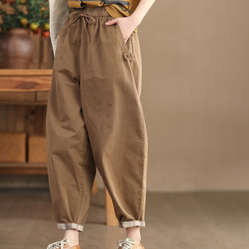 Buddha Stones Casual Plain Patched Cuff Design Women's Cotton Harem Cropped Pants With Pockets - DarkGoldenrod - US8-10，UK/AU12-14，EU40-42 (2XL) - image 0