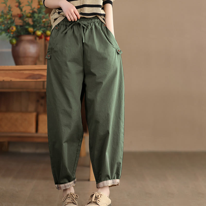 Buddha Stones Casual Plain Patched Cuff Design Women's Cotton Harem Cropped Pants With Pockets - Green - US8-10，UK/AU12-14，EU40-42 (2XL) - image 12