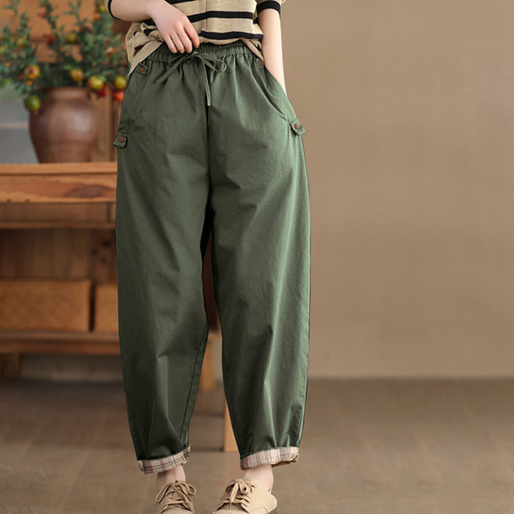 Buddha Stones Casual Plain Patched Cuff Design Women's Cotton Harem Cropped Pants With Pockets - Green - US8-10，UK/AU12-14，EU40-42 (2XL) - image 12