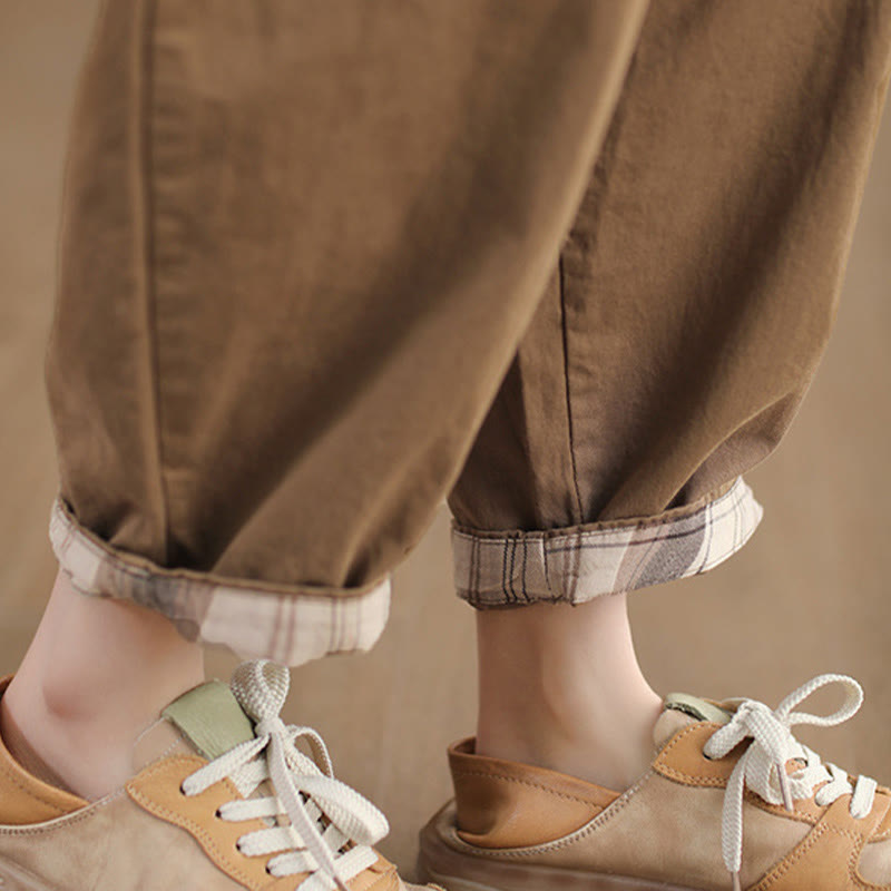 Buddha Stones Casual Plain Patched Cuff Design Women's Cotton Harem Cropped Pants With Pockets - image 6