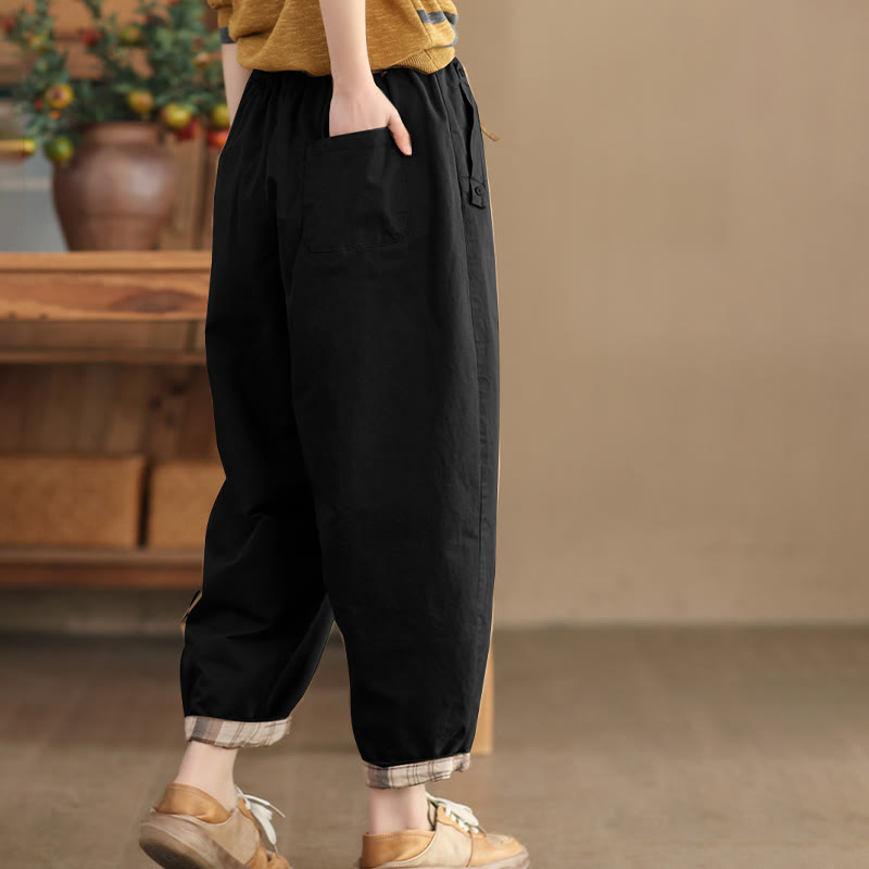 Buddha Stones Casual Plain Patched Cuff Design Women's Cotton Harem Cropped Pants With Pockets - image 11