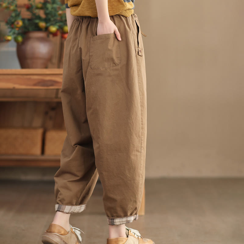 Buddha Stones Casual Plain Patched Cuff Design Women's Cotton Harem Cropped Pants With Pockets - image 1