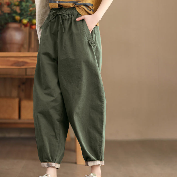 Buddha Stones Casual Plain Patched Cuff Design Women's Cotton Harem Cropped Pants With Pockets - image 13