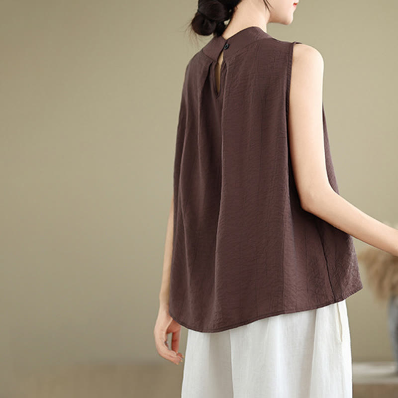 Buddha Stones Casual Plain Back Buttom Design Stand Collar Cotton Linen Women's Sleeveless Vest - image 6