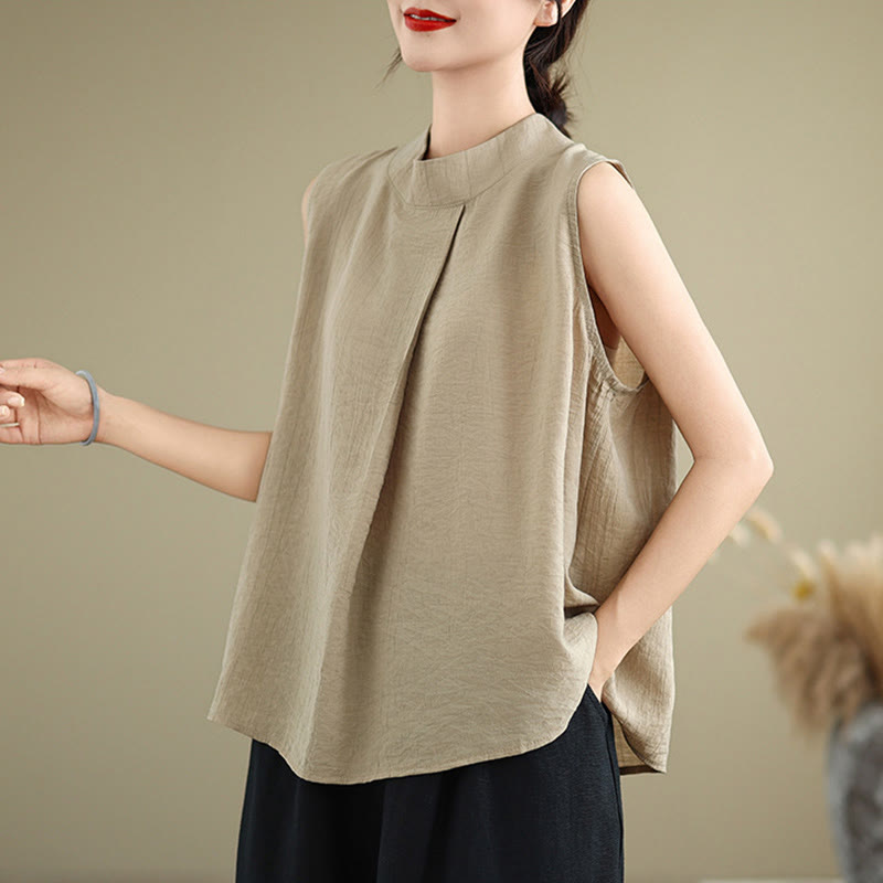 Buddha Stones Casual Plain Back Buttom Design Stand Collar Cotton Linen Women's Sleeveless Vest - image 12