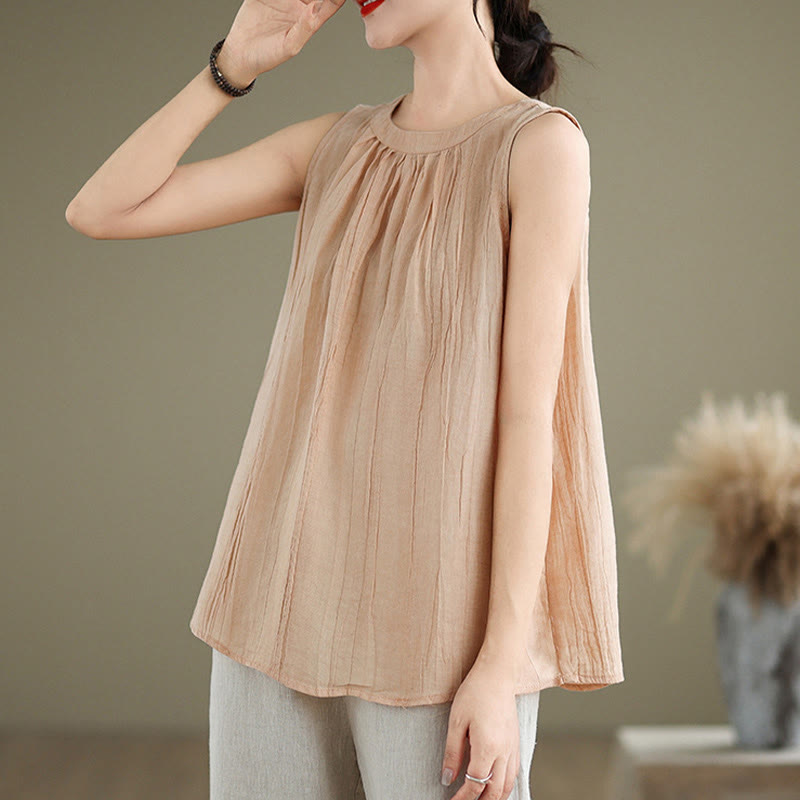 Buddha Stones Summer Wrinkles Simple Design Crew Neck Cotton Linen Women's Sleeveless Vest Waistcoat - image 30