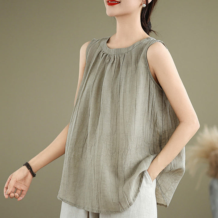 Buddha Stones Summer Wrinkles Simple Design Crew Neck Cotton Linen Women's Sleeveless Vest Waistcoat - image 3
