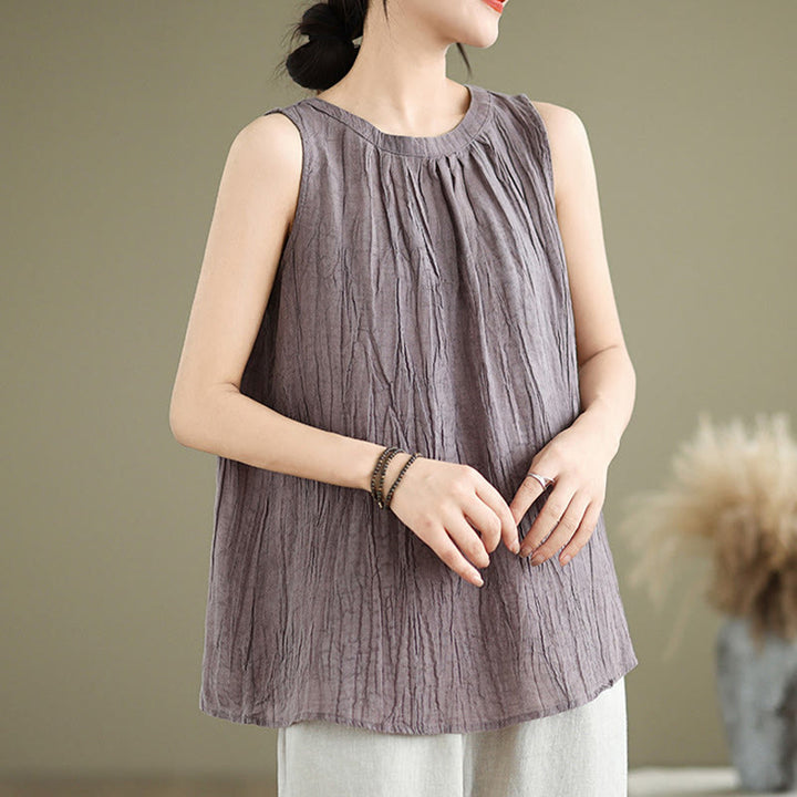 Buddha Stones Summer Wrinkles Simple Design Crew Neck Cotton Linen Women's Sleeveless Vest Waistcoat - image 25
