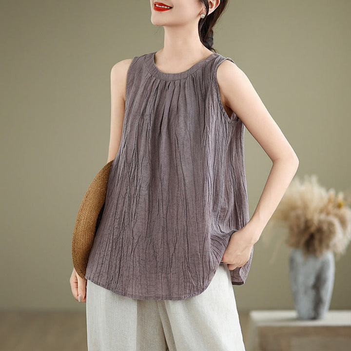 Buddha Stones Summer Wrinkles Simple Design Crew Neck Women's Sleeveless Vest Waistcoat - Plum - US8-10，UK/AU12-14，EU40-42 (2XL) - image 20