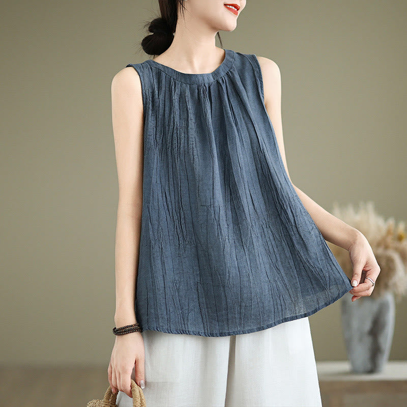 Buddha Stones Summer Wrinkles Simple Design Crew Neck Cotton Linen Women's Sleeveless Vest Waistcoat - DarkBlue - US8-10，UK/AU12-14，EU40-42 (2XL) - image 15