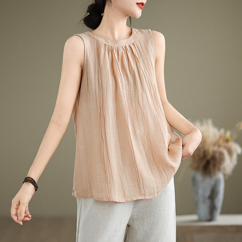 Buddha Stones Summer Wrinkles Simple Design Crew Neck Cotton Linen Women's Sleeveless Vest Waistcoat - PeachPuff - US8-10，UK/AU12-14，EU40-42 (2XL) - image 26