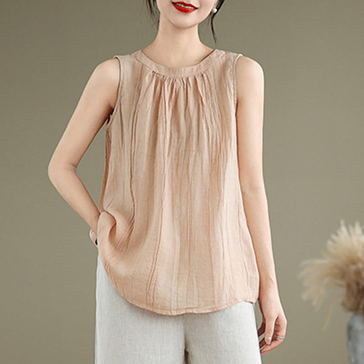 Buddha Stones Summer Wrinkles Simple Design Crew Neck Cotton Linen Women's Sleeveless Vest Waistcoat - image 27