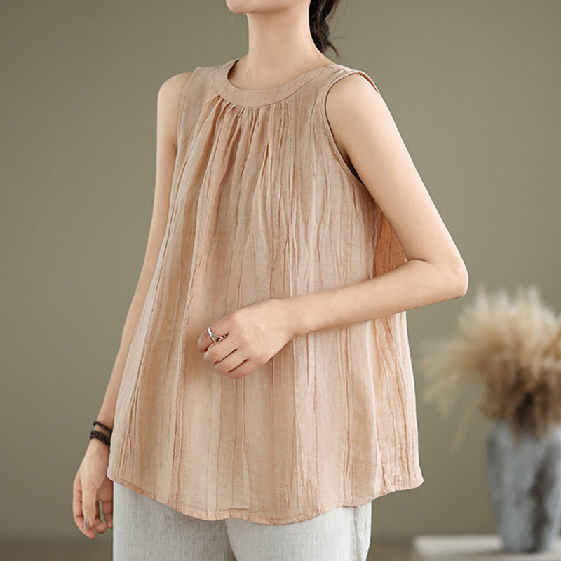 Buddha Stones Summer Wrinkles Simple Design Crew Neck Cotton Linen Women's Sleeveless Vest Waistcoat - image 28