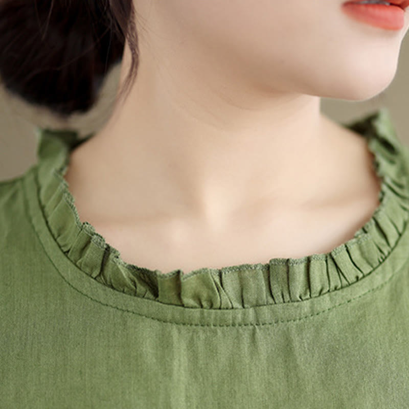 Buddha Stones Summer Ruffled Design Drawstring Crew Neck Cotton Linen Women's Vest Waistcoat