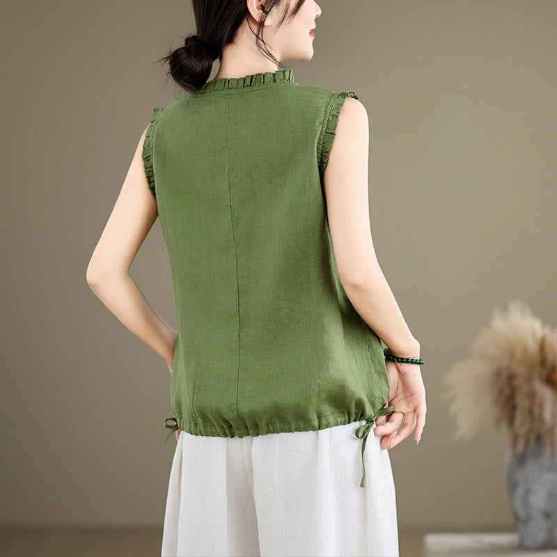 Buddha Stones Summer Ruffled Design Drawstring Crew Neck Cotton Linen Women's Vest Waistcoat