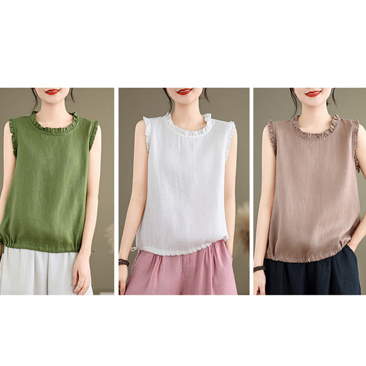 Buddha Stones Summer Ruffled Design Drawstring Crew Neck Women's Sleeveless Vest - image 28