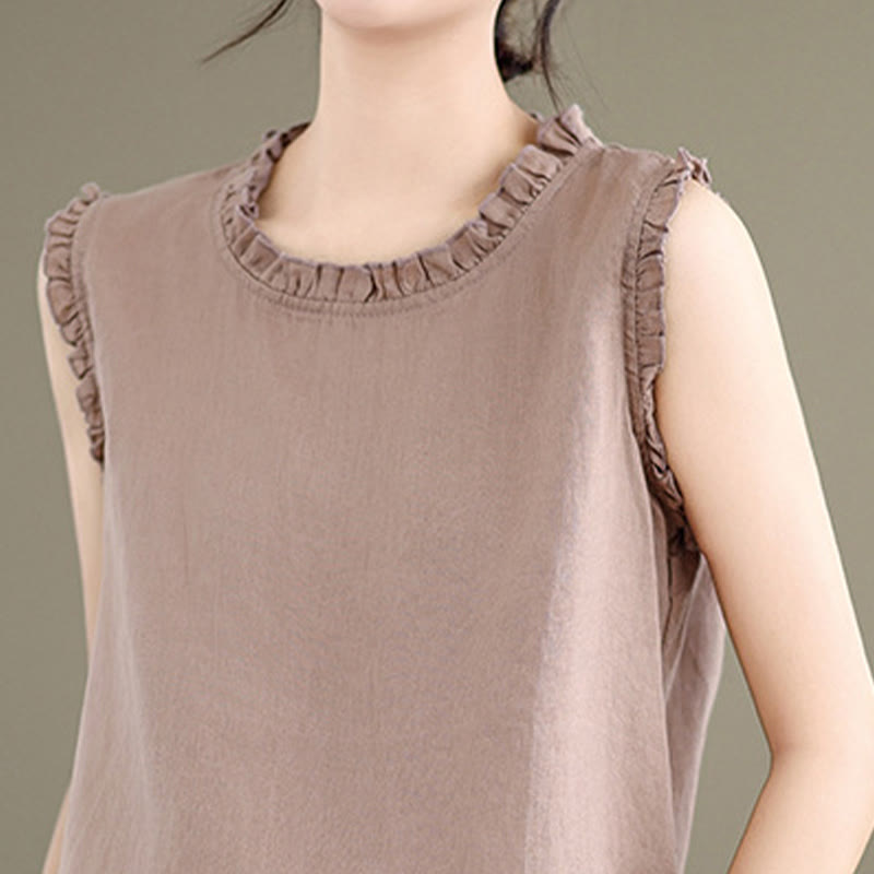 Buddha Stones Summer Ruffled Design Drawstring Crew Neck Cotton Linen Women's Sleeveless Vest - image 19