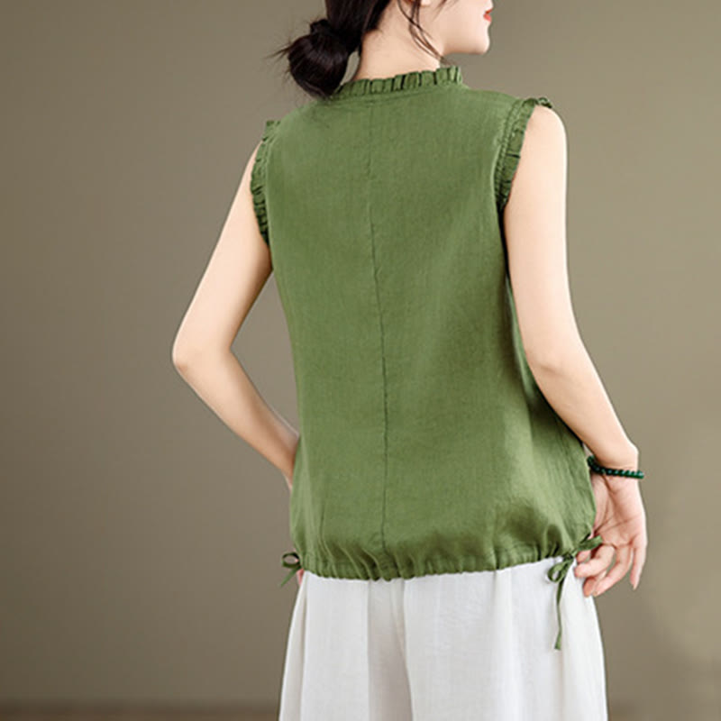 Buddha Stones Summer Ruffled Design Drawstring Crew Neck Cotton Linen Women's Sleeveless Vest - image 3