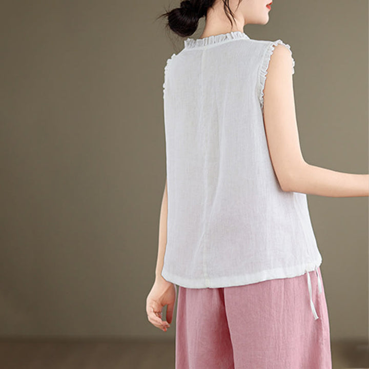 Buddha Stones Summer Ruffled Design Drawstring Crew Neck Cotton Linen Women's Sleeveless Vest - image 21