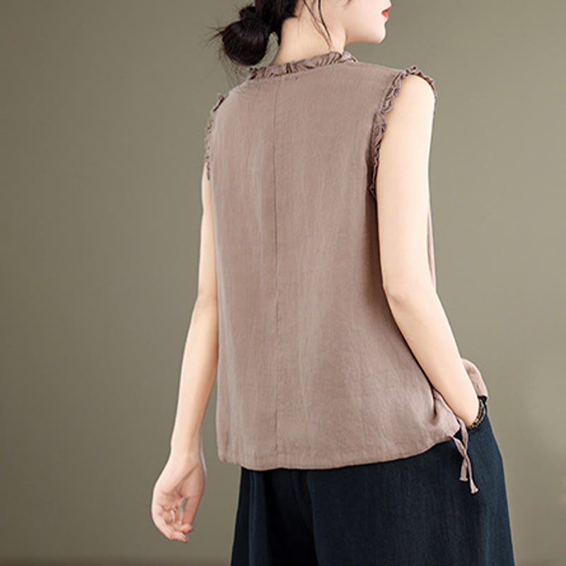 Buddha Stones Summer Ruffled Design Drawstring Crew Neck Women's Sleeveless Vest - image 16