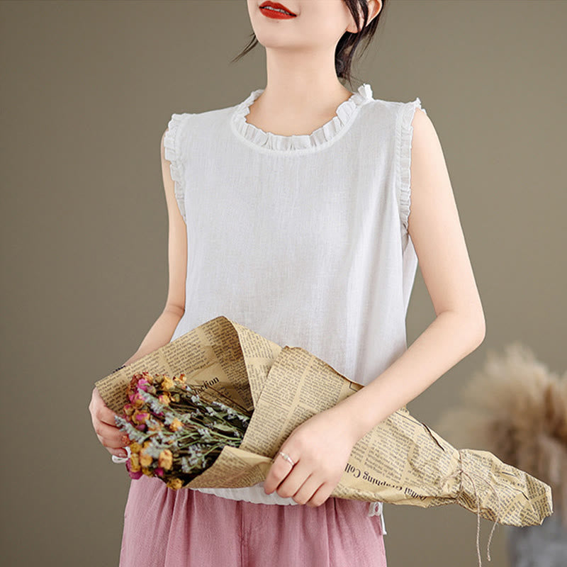 Buddha Stones Summer Ruffled Design Drawstring Crew Neck Women's Sleeveless Vest - image 25