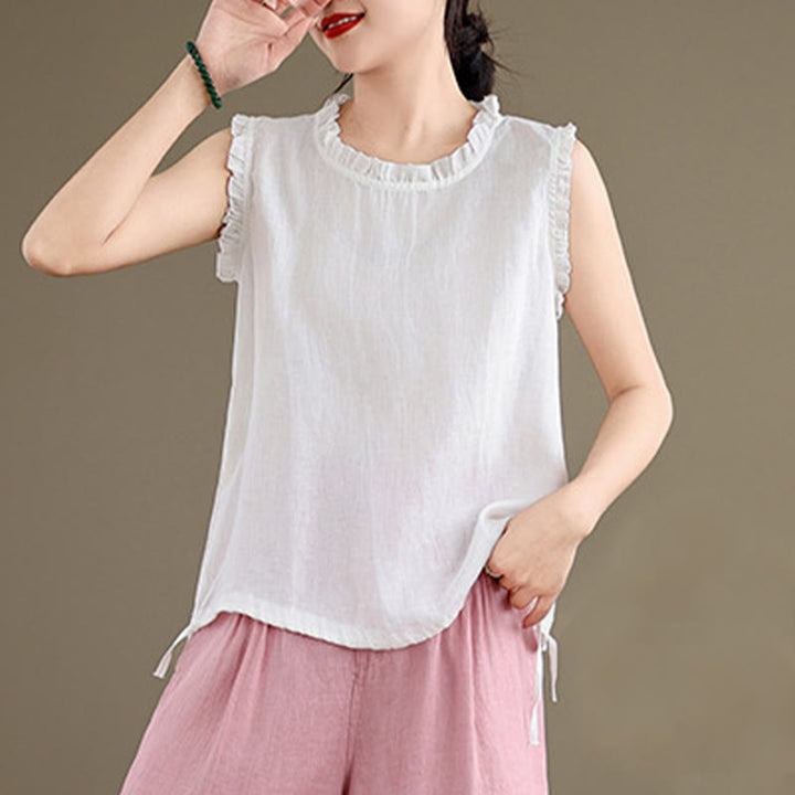 Buddha Stones Summer Ruffled Design Drawstring Crew Neck Cotton Linen Women's Sleeveless Vest - image 23
