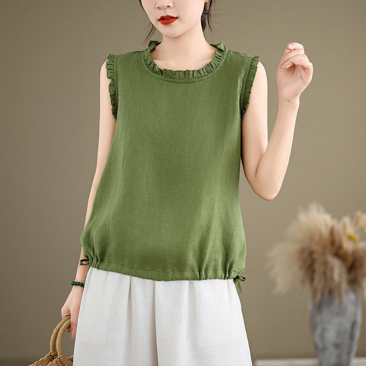 Buddha Stones Summer Ruffled Design Drawstring Crew Neck Cotton Linen Women's Sleeveless Vest - LimeGreen - US8-10，UK/AU12-14，EU40-42 (2XL) - image 0