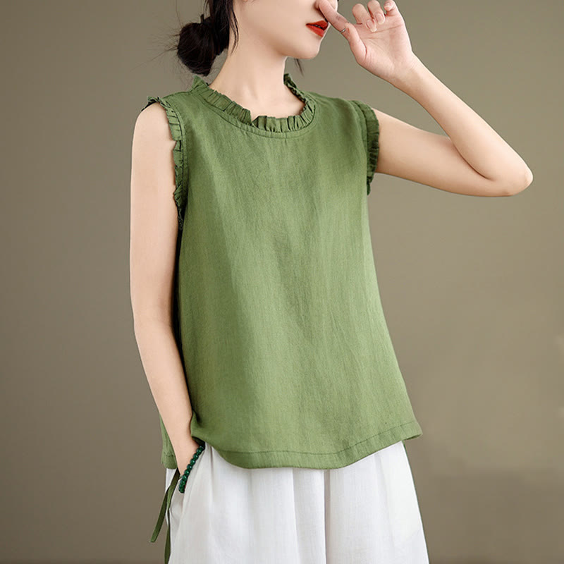 Buddha Stones Summer Ruffled Design Drawstring Crew Neck Women's Sleeveless Vest - image 4
