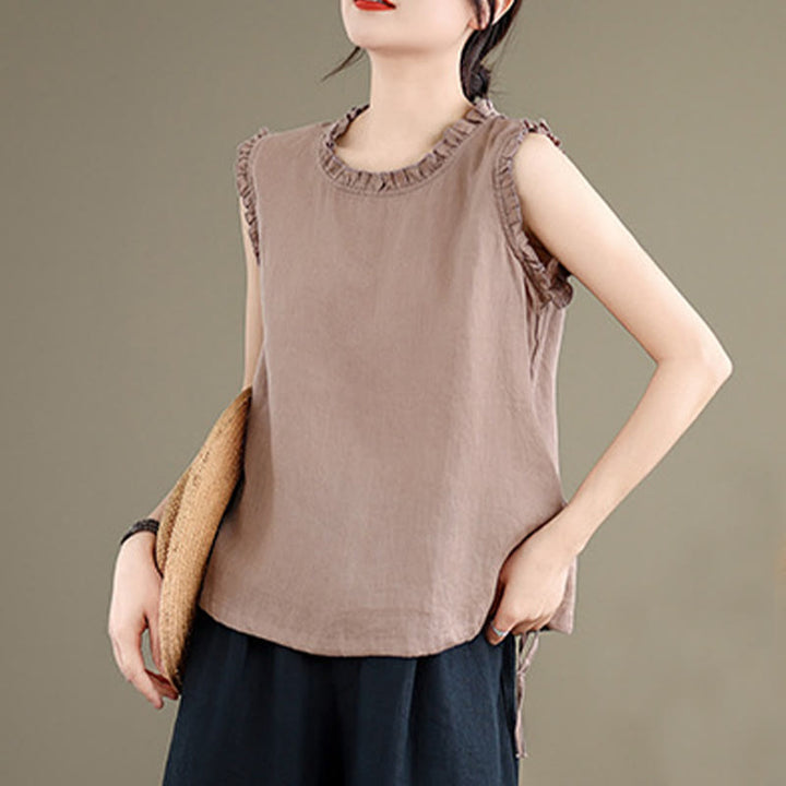 Buddha Stones Summer Ruffled Design Drawstring Crew Neck Women's Sleeveless Vest - image 15