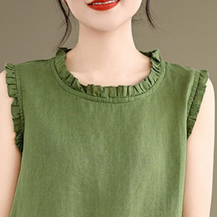 Buddha Stones Summer Ruffled Design Drawstring Crew Neck Cotton Linen Women's Sleeveless Vest - image 6