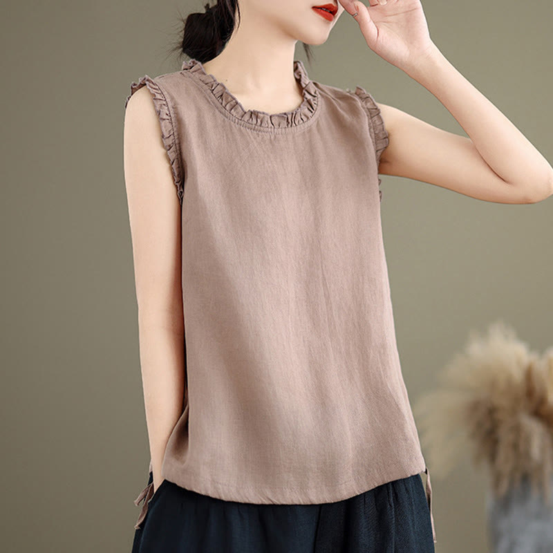 Buddha Stones Summer Ruffled Design Drawstring Crew Neck Women's Sleeveless Vest - image 17