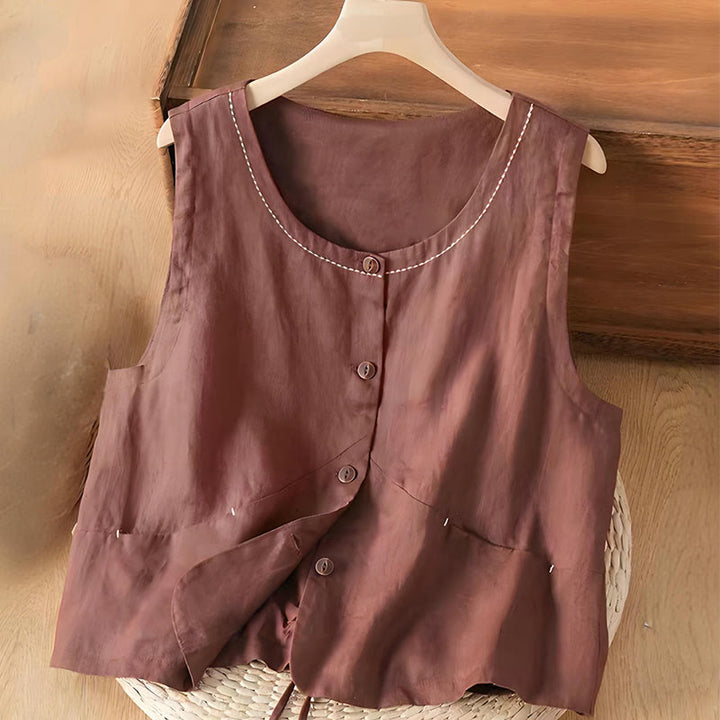 Buddha Stones Vintage Casual Single Breasted Cotton Linen Women's Vest Waistcoat WIth Pockets
