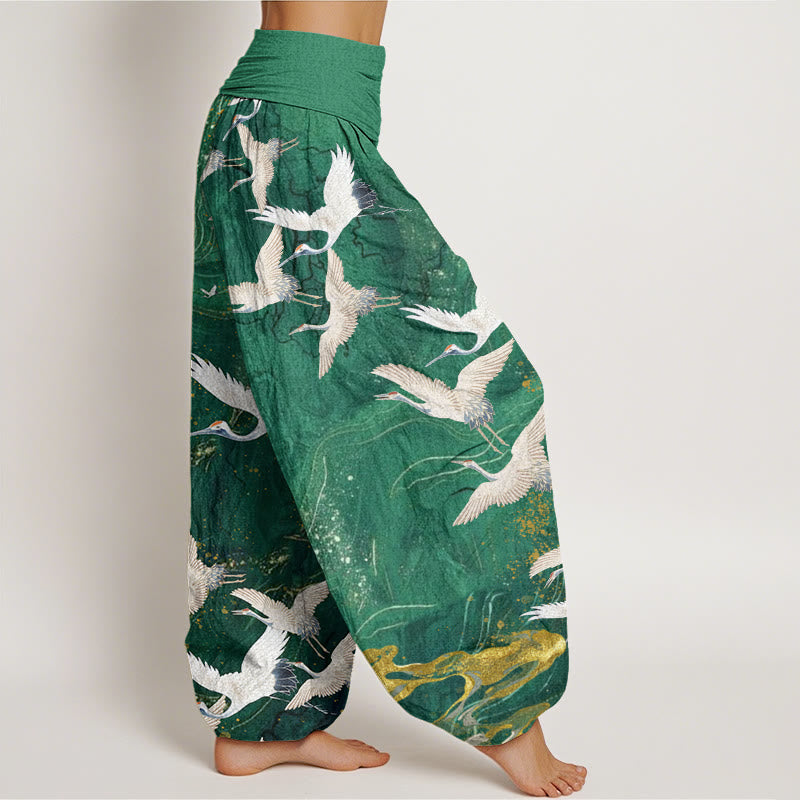 Buddha Stones Cotton Flying White Cranes Auspicious Clouds Design Women's Elastic Waist Harem Pants - image 2