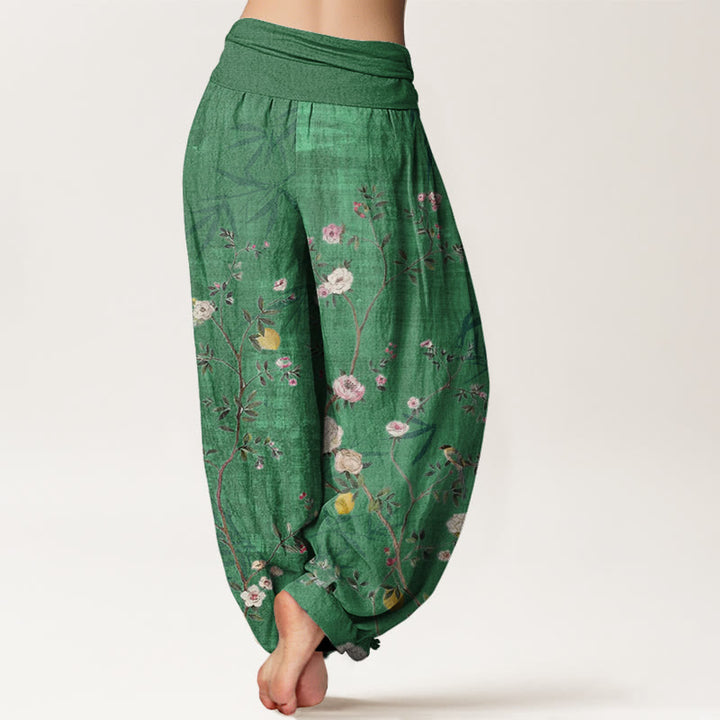 Buddha Stones Pink White Flowers Bamboo Leaves Fruits Design Women's Elastic Waist Harem Pants - image 5