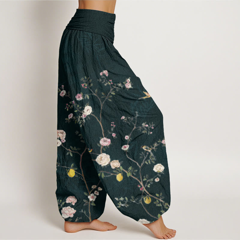 Buddha Stones Pink White Flowers Bamboo Leaves Fruits Design Women's Elastic Waist Harem Pants - image 9