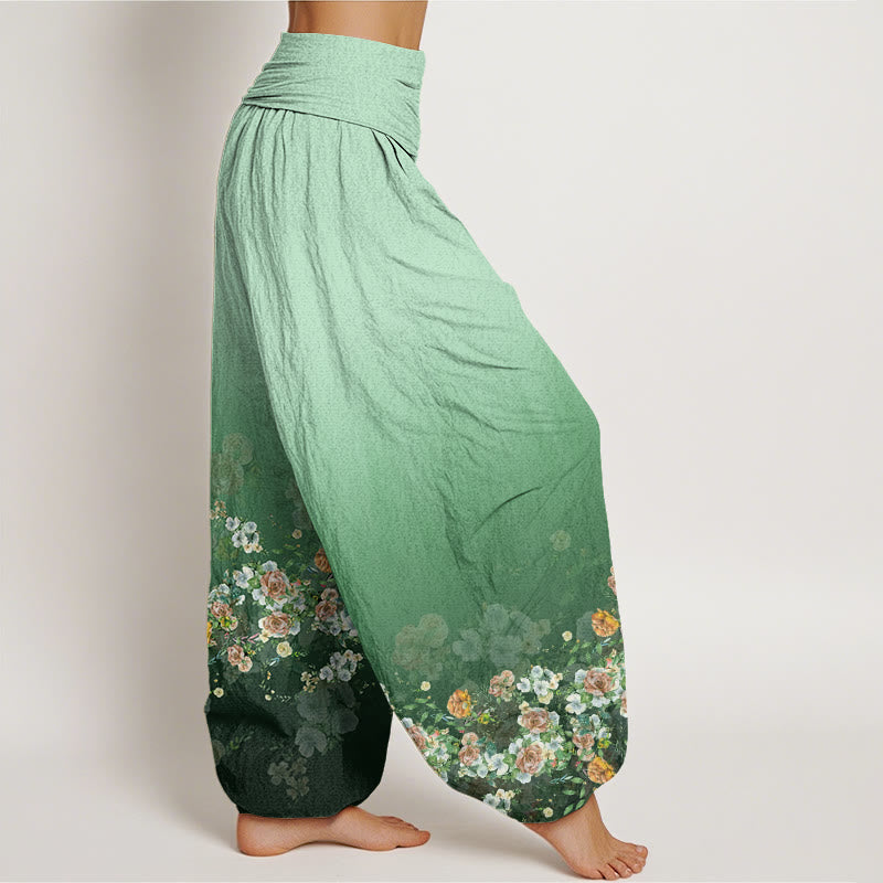 Buddha Stones Colorful Rose Flowers Design Women's Elastic Waist Harem Pants - image 2
