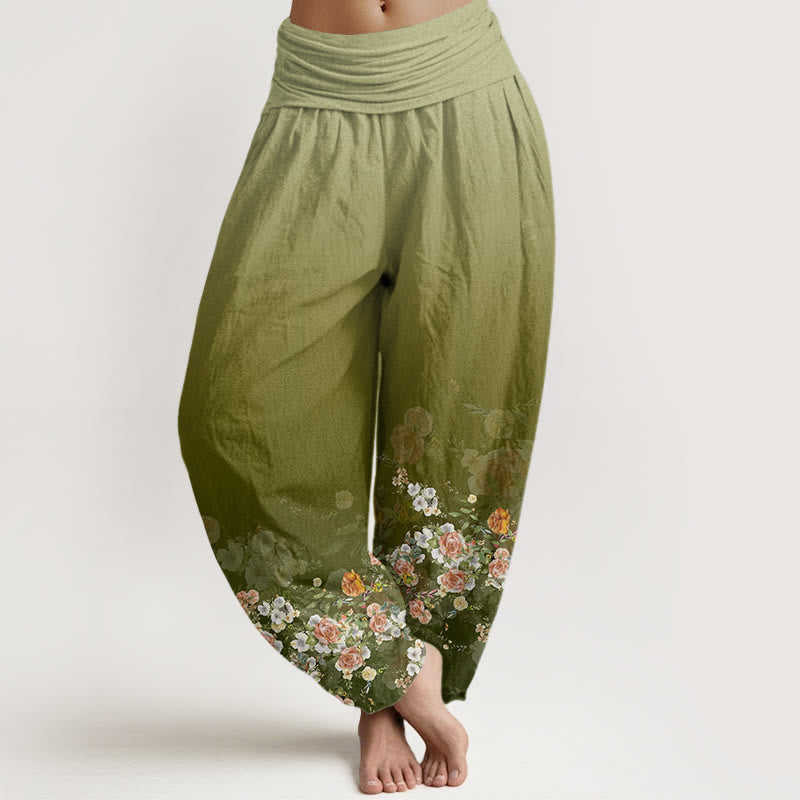Buddha Stones Cotton Colorful Rose Flowers Design Women's Elastic Waist Harem Pants - YellowGreen - US22，UK/AU26，EU54 (6XL) - image 4