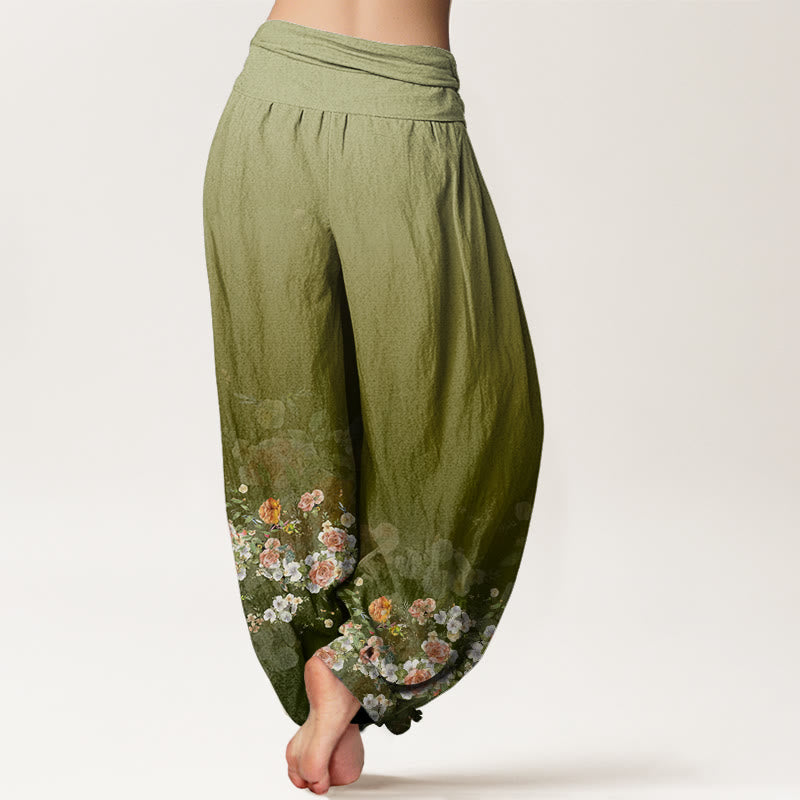 Buddha Stones Cotton Colorful Rose Flowers Design Women's Elastic Waist Harem Pants - image 5