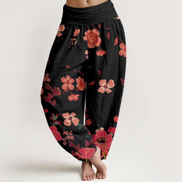 Buddha Stones Cotton Red Flowers Common Poppy Design Women's Elastic Waist Harem Pants - Black - US22，UK/AU26，EU54 (6XL) - image 0