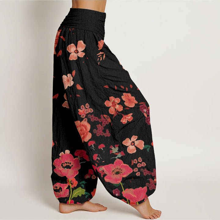 Buddha Stones Red Flowers Common Poppy Design Women's Elastic Waist Harem Pants - image 2