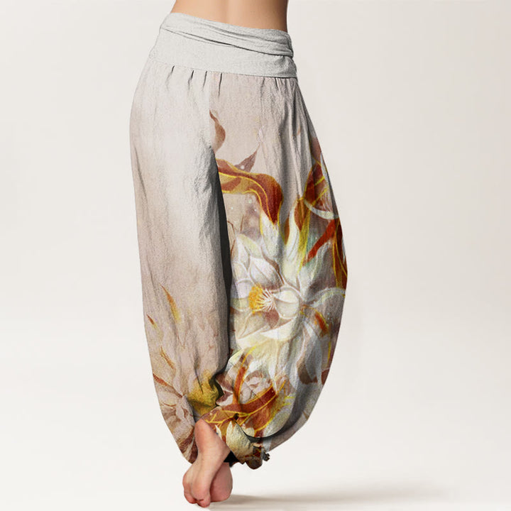 Buddha Stones Epiphyllum Flowers Design Women's Elastic Waist Harem Pants - image 5