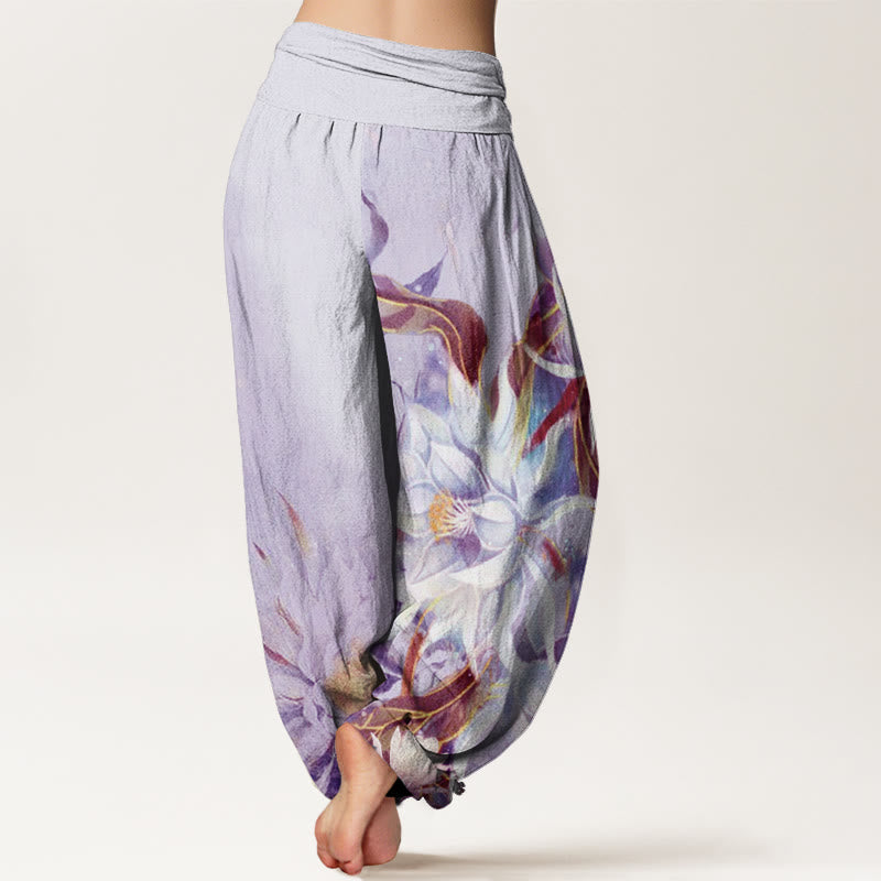 Buddha Stones Epiphyllum Flowers Design Women's Elastic Waist Harem Pants - image 8