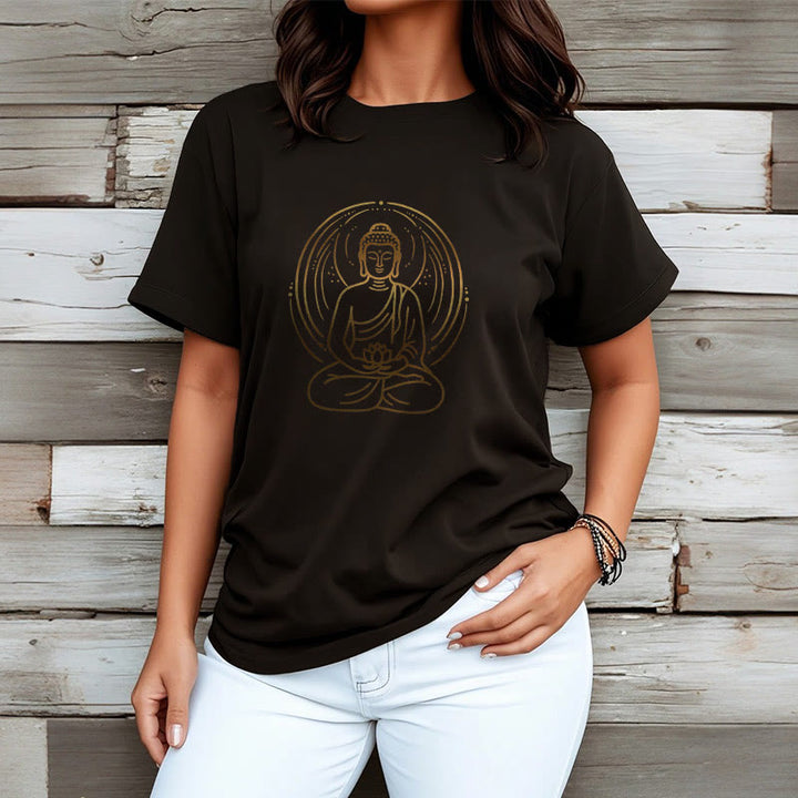 Buddha Stones Golden Meditation Buddha Halo Holding A Lotus Flower Tee T-shirt - image 6