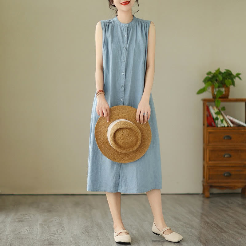 Buddha Stones Plain Single Breasted Pleated Design Sleeveless Cotton Linen Midi Dress - image 14