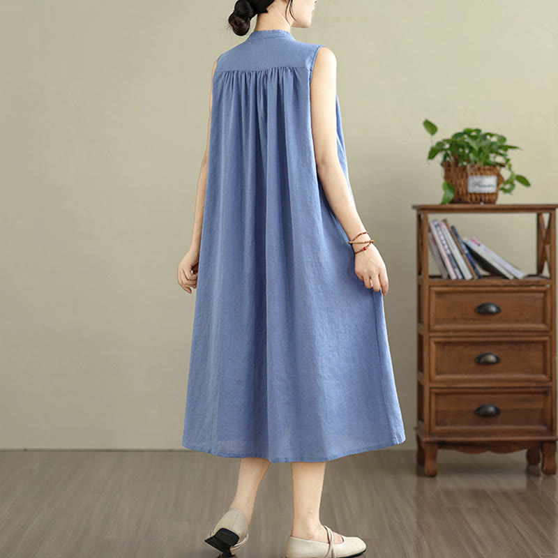 Buddha Stones Plain Single Breasted Pleated Design Sleeveless Cotton Linen Midi Dress - image 21
