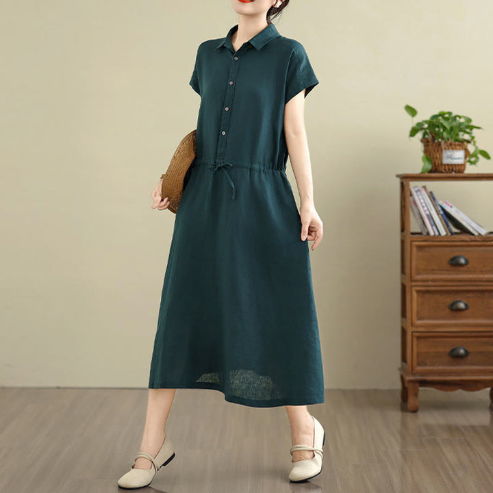 Buddha Stones Summer Plain Short Sleeve Drawstring Cotton Linen Midi Dress With Pockets - image 8