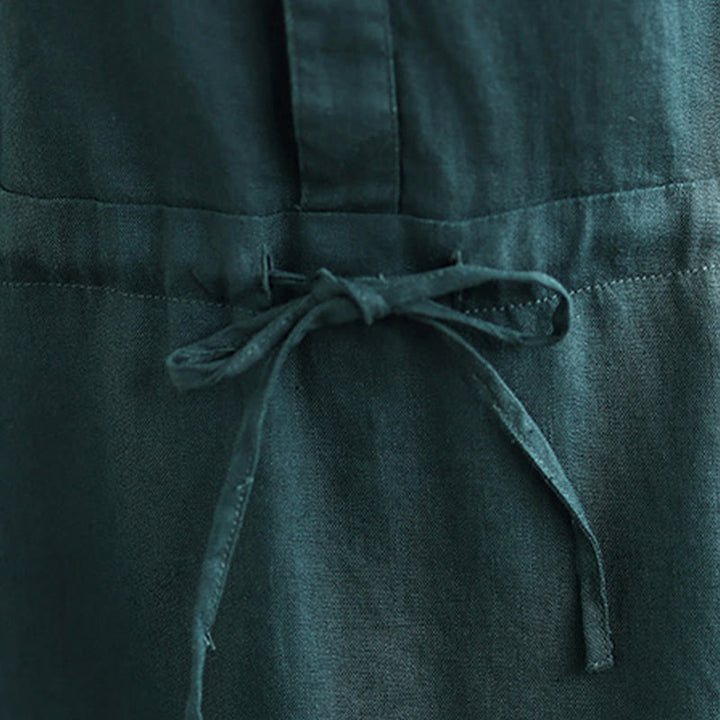 Buddha Stones Summer Plain Single Breasted Drawstring Cotton Linen Midi Dress With Pockets - image 16