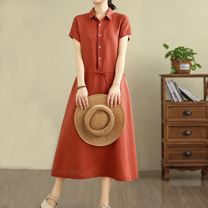 Buddha Stones Summer Plain Single Breasted Drawstring Cotton Linen Midi Dress With Pockets - OrangeRed - US8-10，UK/AU12-14，EU40-42 (2XL) - image 18